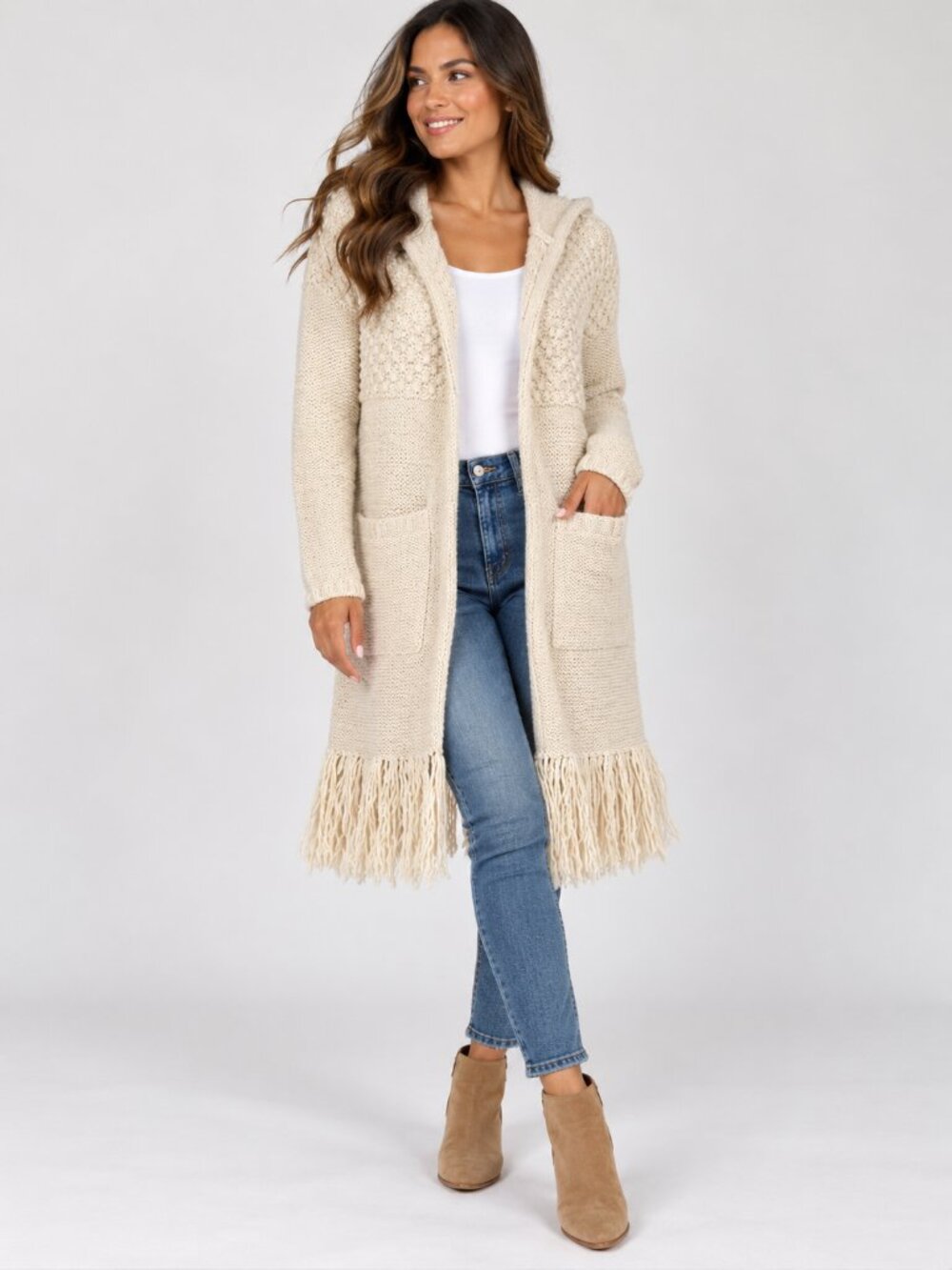 GAP Hooded Fringe Knit Cardigan Ivory Cream Boho Longline XS
